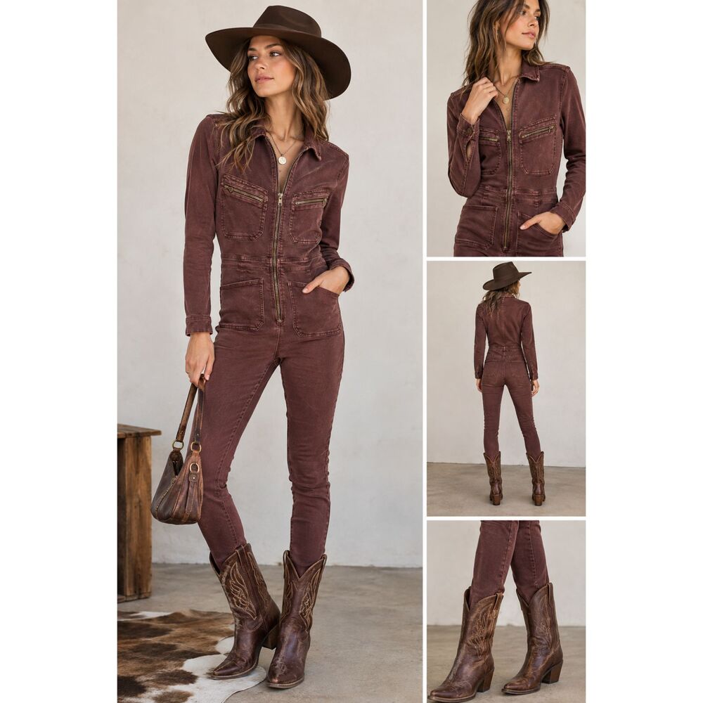 Free People Lennox Denim Utility Jumpsuit Small Bitter Bark Brown Skinny Leg